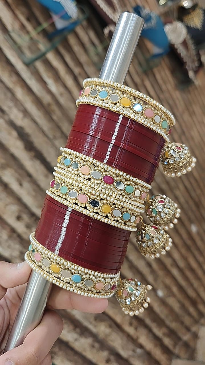 Bridal Jhumar Style Red Karva Chauth Bangles Set Wholesale Price In Surat
